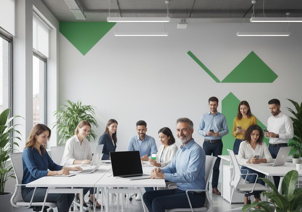 Equipo de oficina registrando su jornada laboral con Fichow mediante WhatsApp, cumpliendo la ley de fichajes 2025